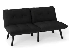 Sofá convertível de 2 lugares em preto, veludo e metal, com pés pretos.