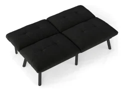 Sofá convertível de 2 lugares em preto, veludo e metal, com pés pretos.