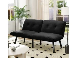 Sofá convertível de 2 lugares em preto, veludo e metal, com pés pretos.