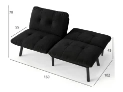 Sofá convertível de 2 lugares em preto, veludo e metal, com pés pretos.