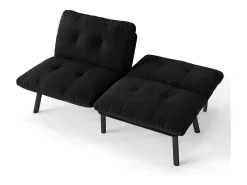 Sofá convertível de 2 lugares em preto, veludo e metal, com pés pretos.