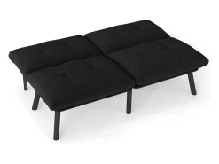 Sofá convertível de 2 lugares em preto, veludo e metal, com pés pretos.
