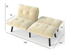 Sofá convertível de 2 lugares em creme, veludo e metal, com pés pretos.