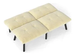 Sofá convertível de 2 lugares em creme, veludo e metal, com pés pretos.