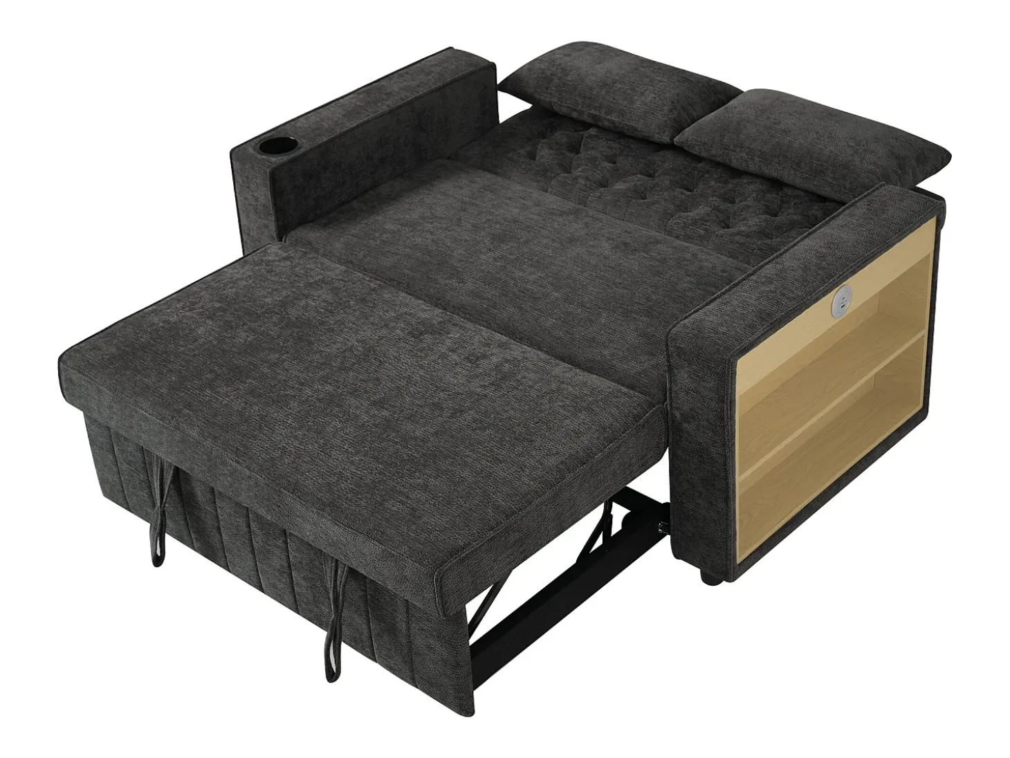 Sofá convertível de 2 lugares com entradas USB, suporte para copos e espaço para arrumação - Chenille cinzento