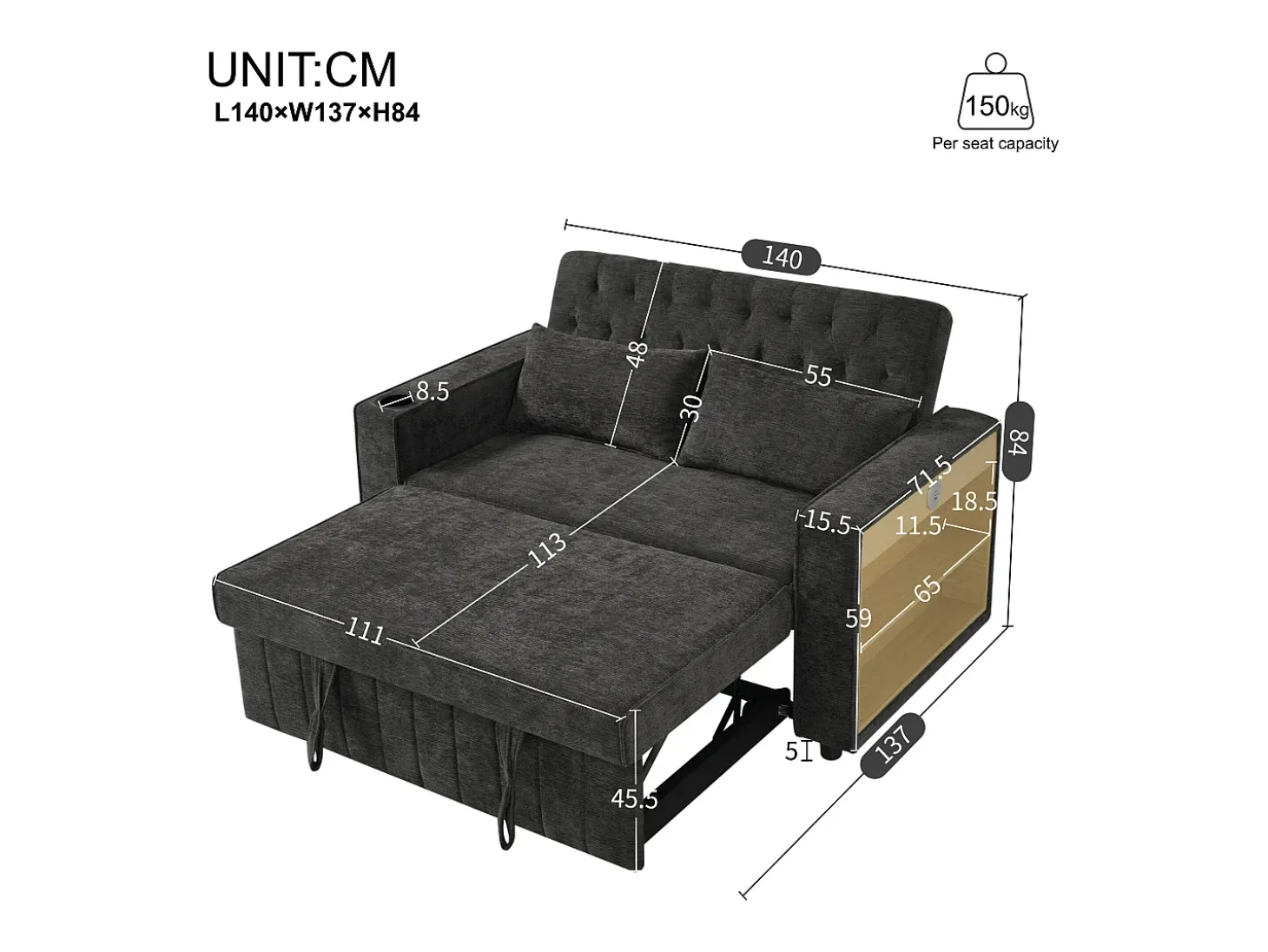 Sofá convertível de 2 lugares com entradas USB, suporte para copos e espaço para arrumação - Chenille cinzento