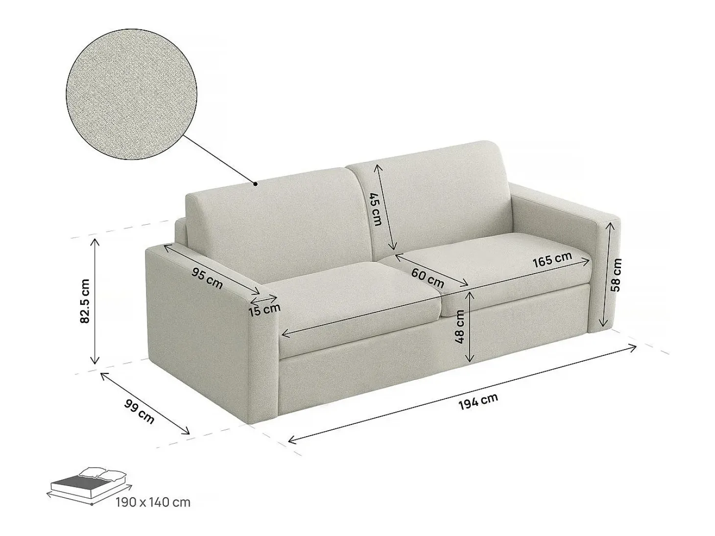 Sofá convertível "Diana" Express em tecido - Zona para dormir de 140 cm - 3 lugares - Bege
