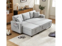 Sofá convertível em L de 3 lugares com função de cama - Chaise longue com espaço de arrumação - Linho cinzento