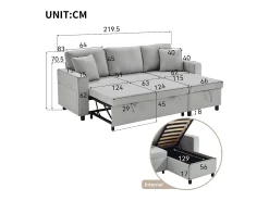 Sofá convertível em L de 3 lugares com função de cama - Chaise longue com espaço de arrumação - Linho cinzento