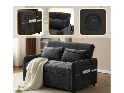 Sofá convertível multiângulo ajustável em tecido chenille - 2 lugares - com suporte para telefone e portas USB - Cinzento