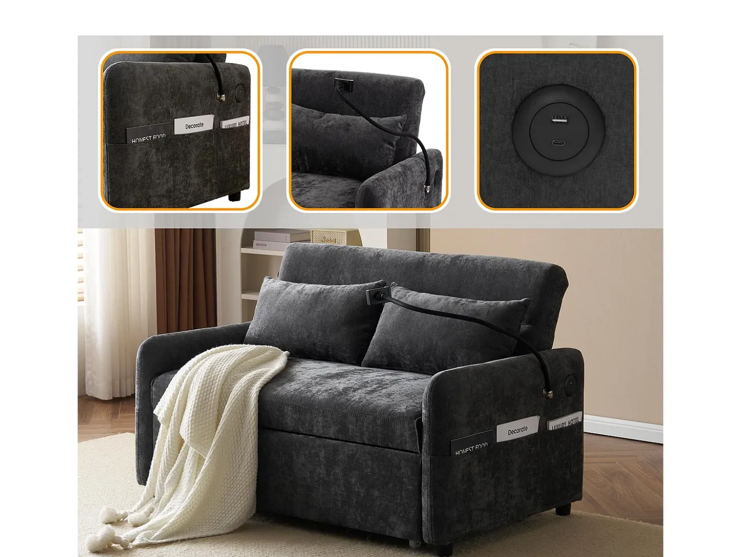 Sofá convertível multiângulo ajustável em tecido chenille - 2 lugares - com suporte para telefone e portas USB - Cinzento