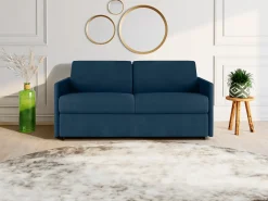 Sofá convertível tecido azul noite assento memória de forma 140 cm ripas largas 14 cm CALIFE