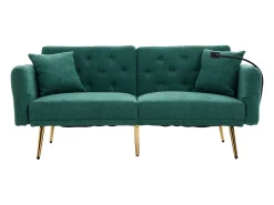Sofá convertível verde esmeralda de 2 lugares com 2 portas USB, suporte para telemóvel e bolsos laterais 173x78x78cm