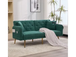Sofá convertível verde esmeralda de 2 lugares com 2 portas USB, suporte para telemóvel e bolsos laterais 173x78x78cm