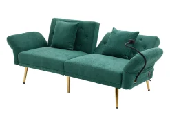 Sofá convertível verde esmeralda de 2 lugares com 2 portas USB, suporte para telemóvel e bolsos laterais 173x78x78cm