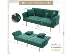 Sofá convertível verde esmeralda de 2 lugares com 2 portas USB, suporte para telemóvel e bolsos laterais 173x78x78cm