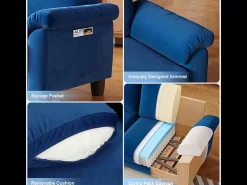 Sofá da sala de estar 2 Lugar no tecido, sofá moderno no meio do século, com bolsa de armazenamento, 178x75x87cm, azul