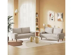 Sofá de 3 - Sofá em tecido de linho bege - Escandinavo - com 2 travesseiros e apoios de braços - pés de madeira maciça - 173x77x84cm