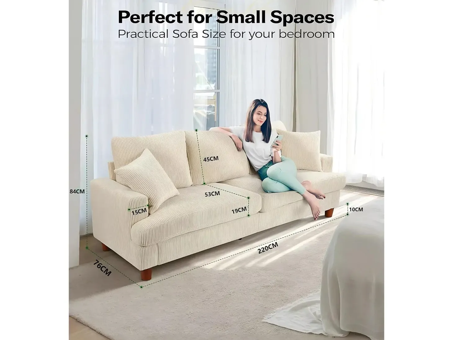 Sofá de 3 de sete em veludo bege, sofá reto grande, assentos extras profundos de 53 cm, com 2 travesseiros - 220x76x84cm