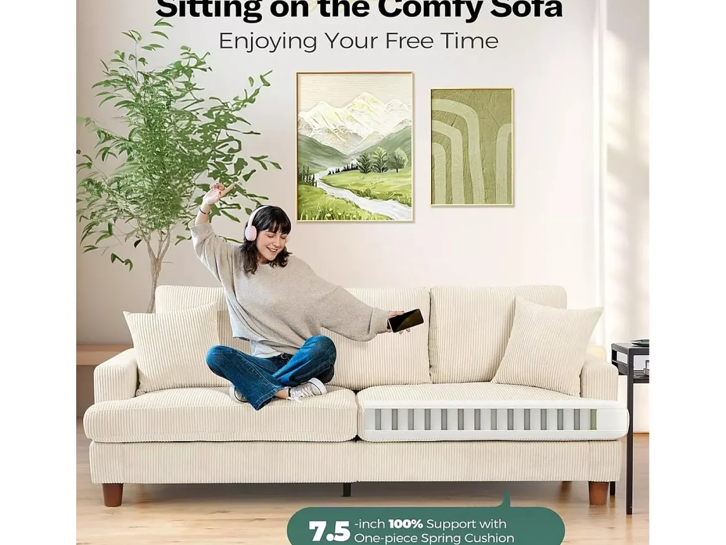 Sofá de 3 de sete em veludo bege, sofá reto grande, assentos extras profundos de 53 cm, com 2 travesseiros - 220x76x84cm