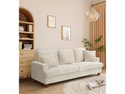 Sofá de 3 de sete em veludo bege, sofá reto grande, assentos extras profundos de 53 cm, com 2 travesseiros - 220x76x84cm