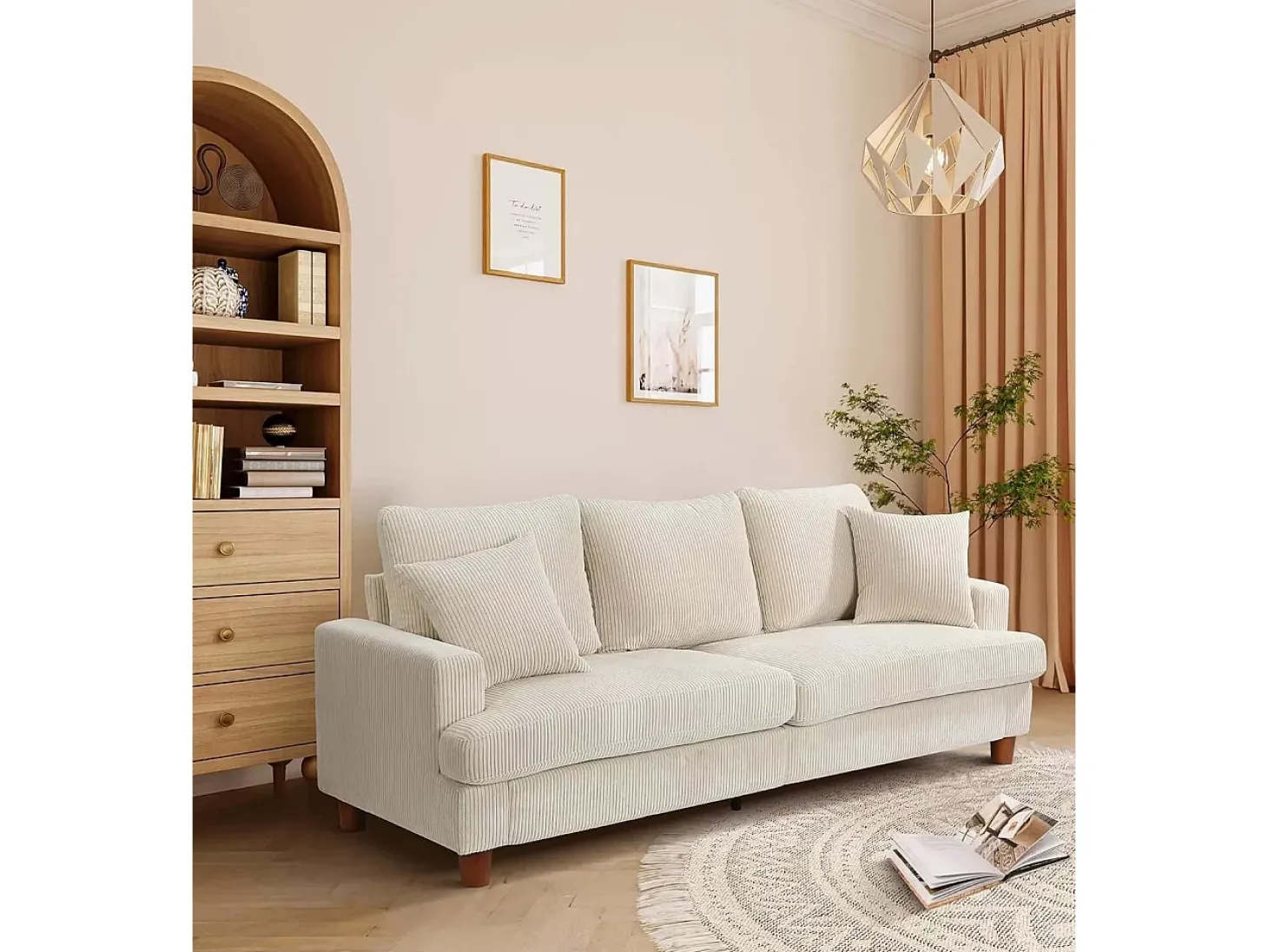 Sofá de 3 de sete em veludo bege, sofá reto grande, assentos extras profundos de 53 cm, com 2 travesseiros - 220x76x84cm