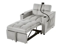 Sofá de 1 lugar - Poltrona com suporte para copos e suporte para telemóvel - veludo cinza e branco