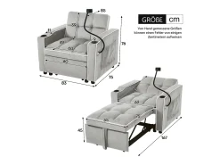 Sofá de 1 lugar - Poltrona com suporte para copos e suporte para telemóvel - veludo cinza e branco