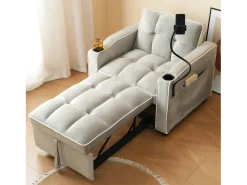 Sofá de 1 lugar - Poltrona com suporte para copos e suporte para telemóvel - veludo cinza e branco