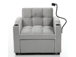 Sofá de 1 lugar - Poltrona com suporte para copos e suporte para telemóvel - veludo cinza e branco