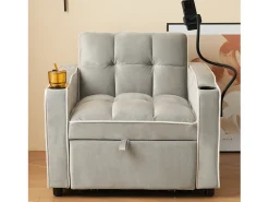 Sofá de 1 lugar - Poltrona com suporte para copos e suporte para telemóvel - veludo cinza e branco