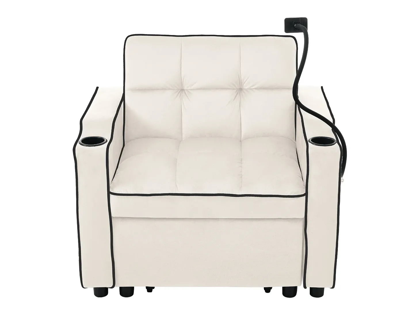Sofá de 1 lugar - Poltrona com suporte para copos e suporte para telemóvel - veludo bege