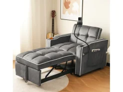 Sofá de 1 lugar - Poltrona com suporte para copos e suporte para telemóvel - veludo cinza escuro