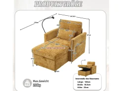 Sofá de 1 lugar com 2 bolsos laterais - Sofá para sala de estar com suporte para telemóvel e compartimento oculto - chenille amarelo