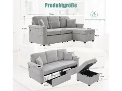 Sofá de 4 lugares - 194 x 73 x 81 cm - com LEDs + USB + apoio para os pés com armazenamento + 2 gavetas - Veludo - cinza claro