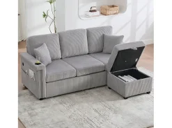 Sofá de 4 lugares - 194 x 73 x 81 cm - com LEDs + USB + apoio para os pés com armazenamento + 2 gavetas - Veludo - cinza claro