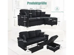Sofá de 4 lugares - 194 x 73 x 81 cm - com LEDs + USB + apoio para os pés com armazenamento + 2 gavetas - Veludo - preto