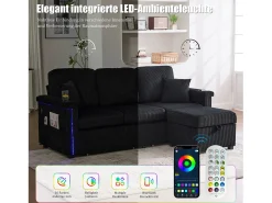 Sofá de 4 lugares - 194 x 73 x 81 cm - com LEDs + USB + apoio para os pés com armazenamento + 2 gavetas - Veludo - preto