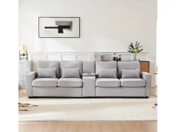 Sofá de 4 lugares - 290 x 83 x 88 cm - com 2 porta-copos, 2 portas USB, 2 bolsos e 4 almofadas - Tecido de linho - Cinza