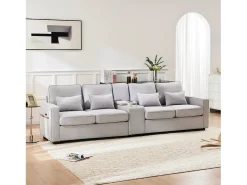 Sofá de 4 lugares - 290 x 83 x 88 cm - com 2 porta-copos, 2 portas USB, 2 bolsos e 4 almofadas - Tecido de linho - Cinza