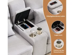 Sofá de 4 lugares - 290 x 83 x 88 cm - com 2 porta-copos, 2 portas USB, 2 bolsos e 4 almofadas - Tecido de linho - Cinza