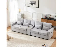 Sofá de 4 lugares - 290 x 83 x 88 cm - com 2 porta-copos, 2 portas USB, 2 bolsos e 4 almofadas - Tecido de linho - Cinza