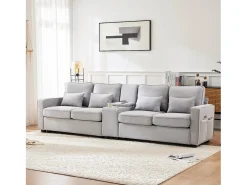 Sofá de 4 lugares - 290 x 83 x 88 cm - com 2 porta-copos, 2 portas USB, 2 bolsos e 4 almofadas - Tecido de linho - Cinza