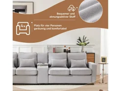 Sofá de 4 lugares - 290 x 83 x 88 cm - com 2 porta-copos, 2 portas USB, 2 bolsos e 4 almofadas - Tecido de linho - Cinza