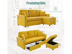 Sofá de 4 lugares - 194 x 73 x 81 cm - com LEDs + USB + apoio para os pés com armazenamento + 2 gavetas - Veludo - amarelo