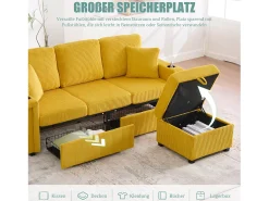 Sofá de 4 lugares - 194 x 73 x 81 cm - com LEDs + USB + apoio para os pés com armazenamento + 2 gavetas - Veludo - amarelo