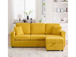 Sofá de 4 lugares - 194 x 73 x 81 cm - com LEDs + USB + apoio para os pés com armazenamento + 2 gavetas - Veludo - amarelo