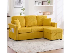 Sofá de 4 lugares - 194 x 73 x 81 cm - com LEDs + USB + apoio para os pés com armazenamento + 2 gavetas - Veludo - amarelo