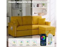 Sofá de 4 lugares - 194 x 73 x 81 cm - com LEDs + USB + apoio para os pés com armazenamento + 2 gavetas - Veludo - amarelo