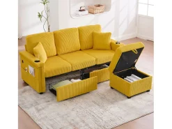 Sofá de 4 lugares - 194 x 73 x 81 cm - com LEDs + USB + apoio para os pés com armazenamento + 2 gavetas - Veludo - amarelo